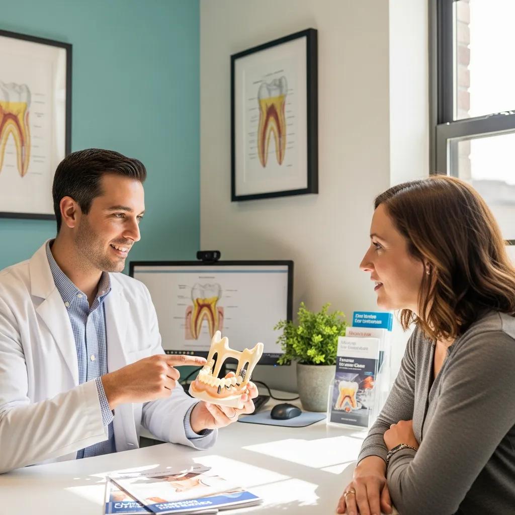 Dental professional explaining the implant procedure to a patient