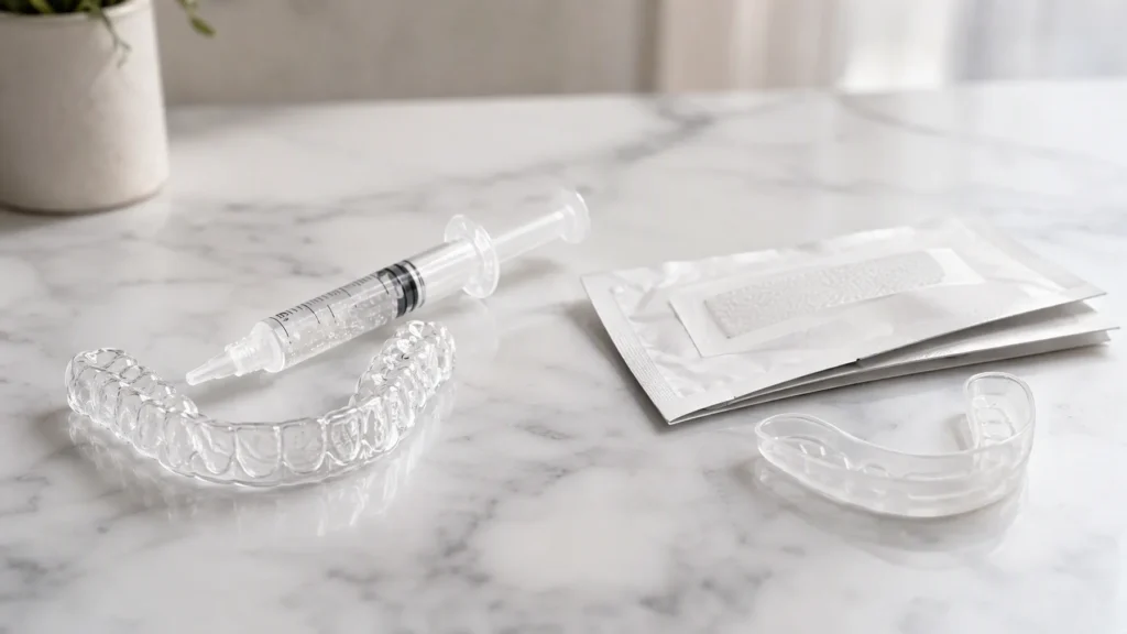 Professional whitening trays and an at-home whitening kit arranged side by side on a white surface