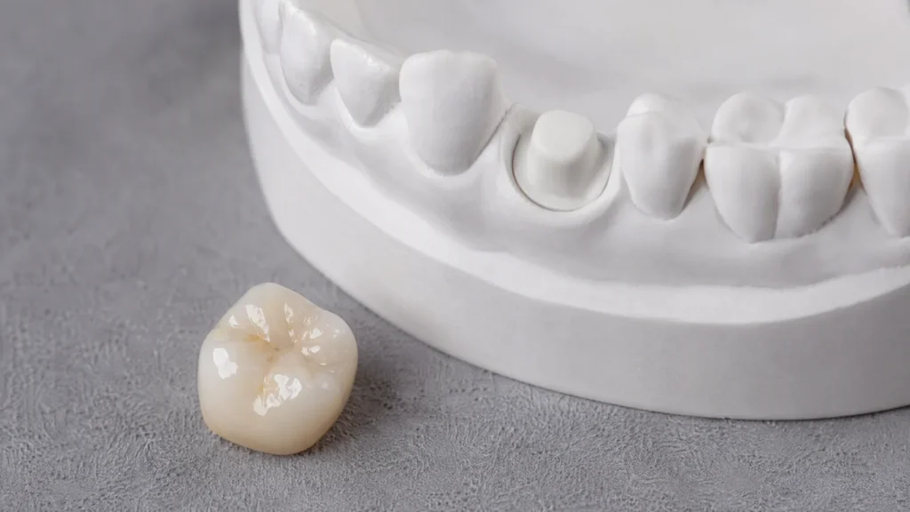 Porcelain dental crown held beside a dental model showing a prepared tooth