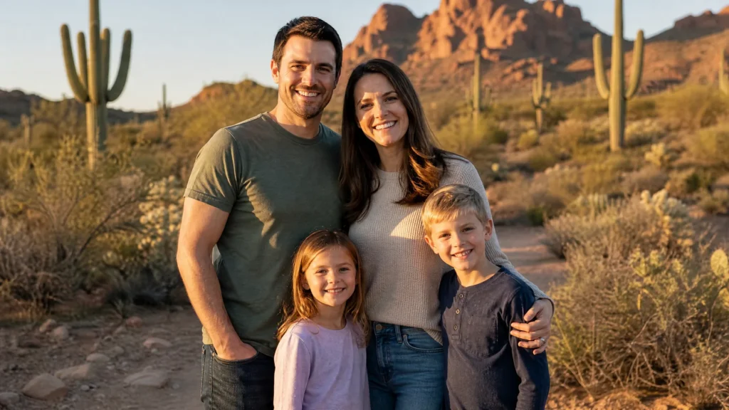 Smiling family of four standing outdoors in the Scottsdale desert at golden hour