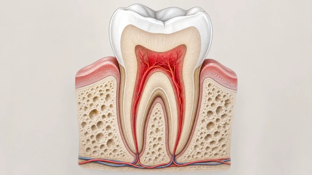 Anatomical cross-section illustration of a tooth showing the infected inner pulp and root canals