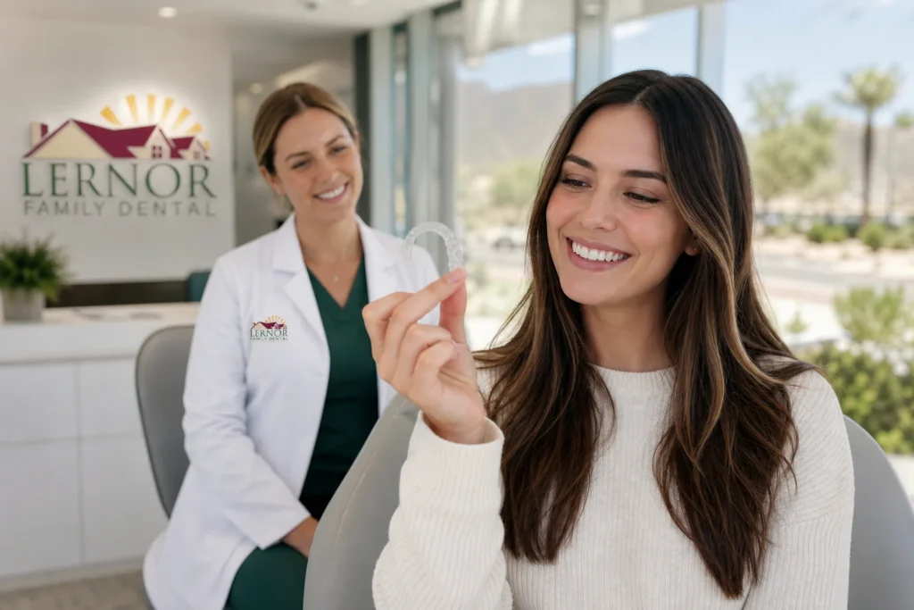 Patient examining invisalign clear aligners in Scottsdale dental office with dental professional in background