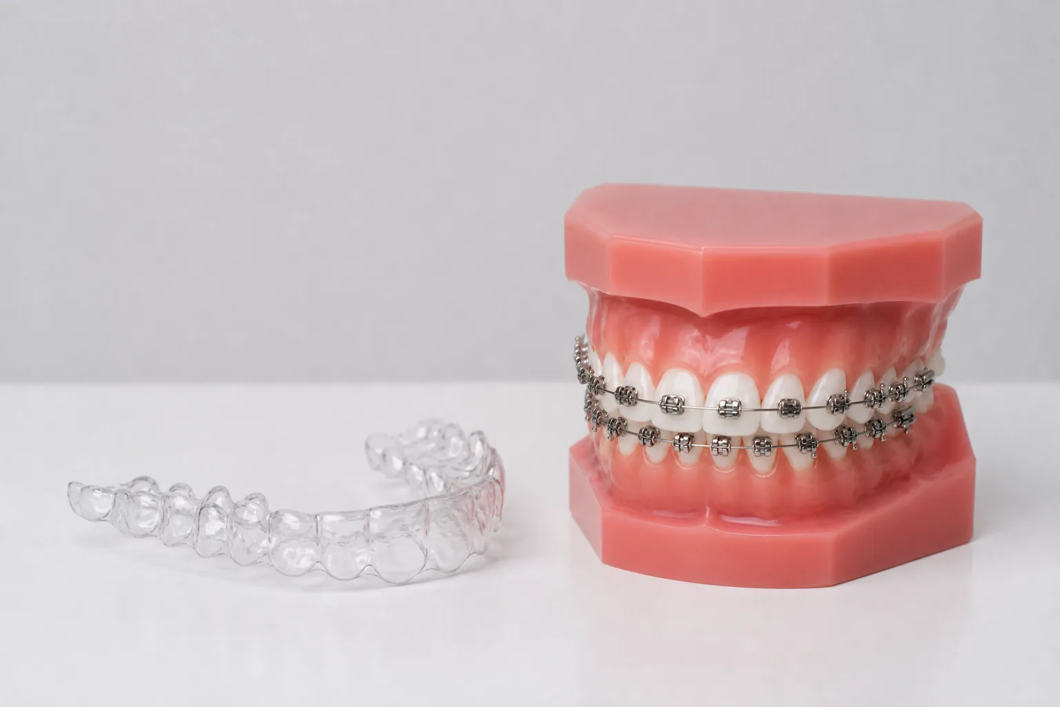 A dental hygienist in a bright modern Scottsdale dental office holding a clear aligner tray next to a dental model showing metal brackets, illustrating the choice between orthodontic options