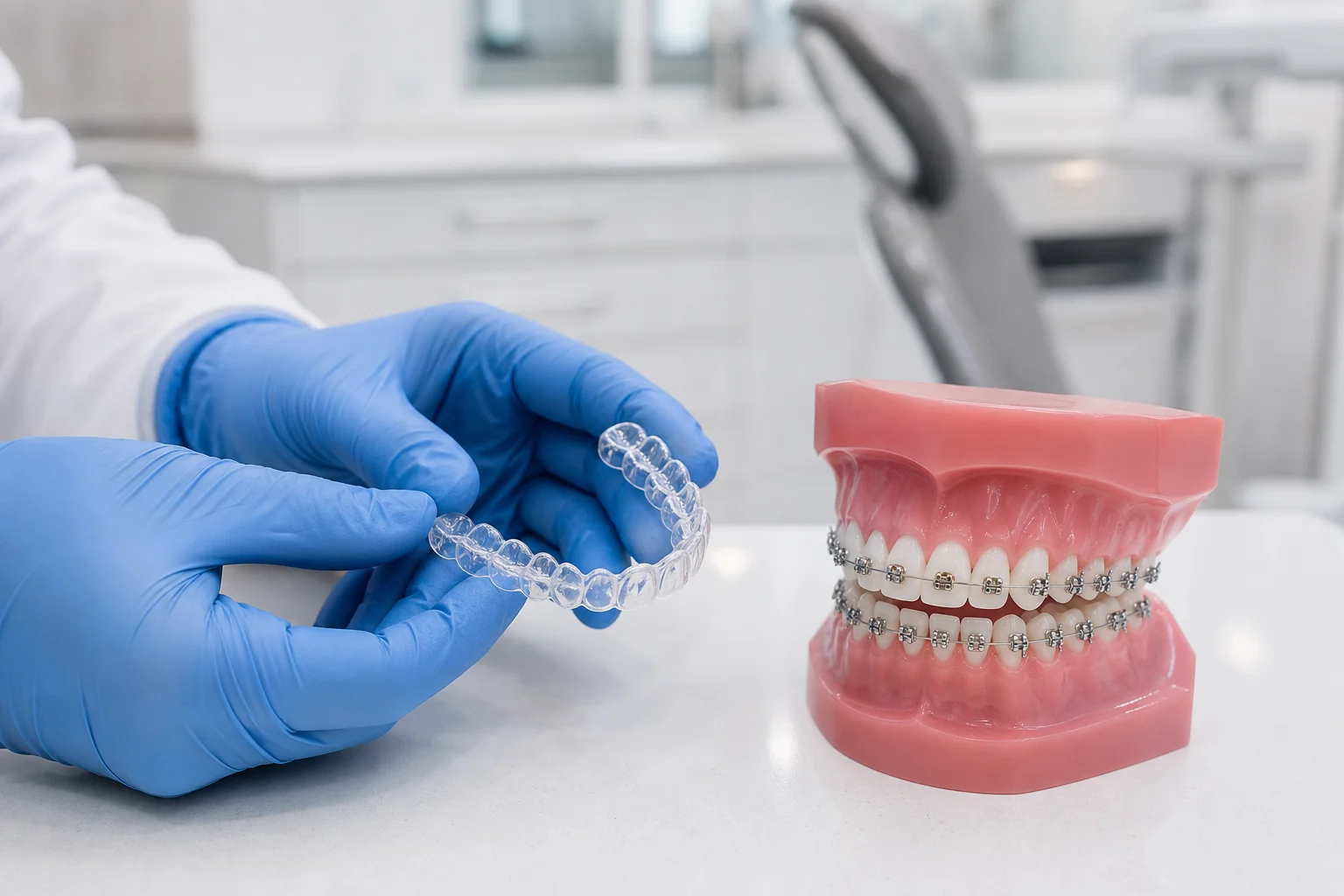 A dental hygienist in a bright modern Scottsdale dental office holding a clear aligner tray next to a dental model showing metal brackets, illustrating the choice between orthodontic options