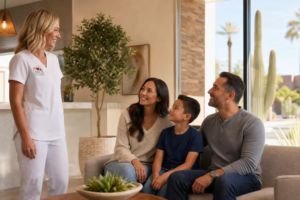 Family welcomed by dental team member at Lernor Family Dental for preventive dentistry in Scottsdale