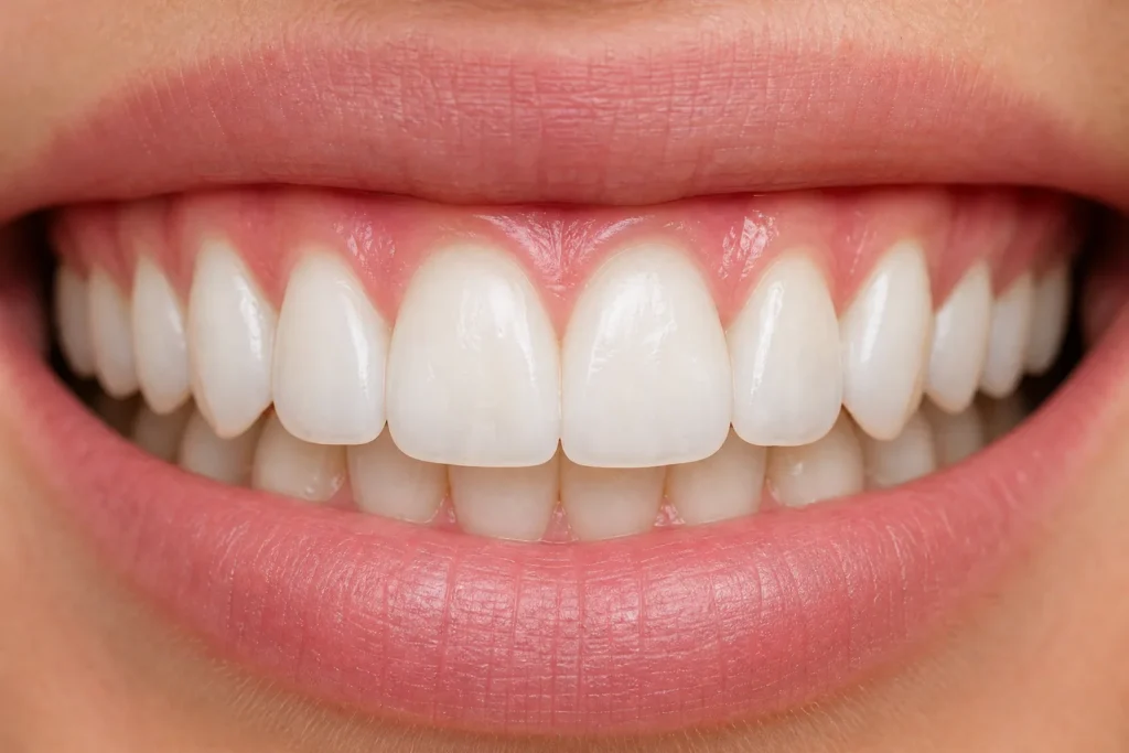 Close-up of a healthy bright smile with clean teeth and pink gums