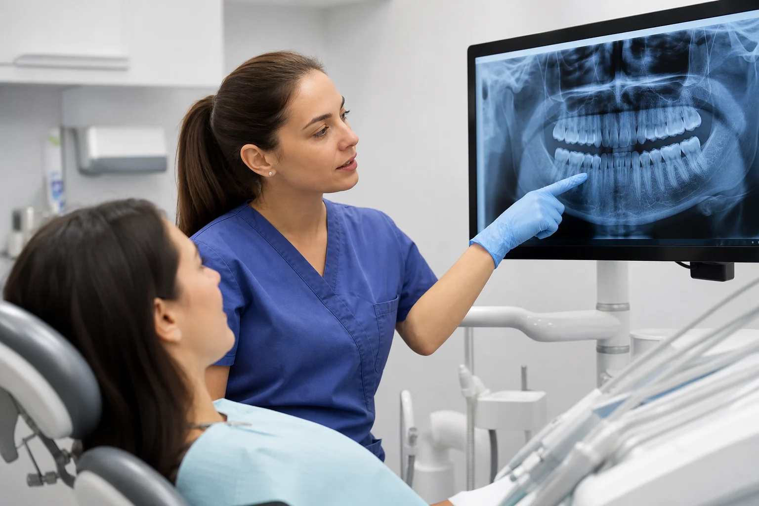 A bright modern dental exam room in Scottsdale where a dental hygienist reviews digital x-ray images on a monitor while a patient sits comfortably in the chair, warm natural light, photorealistic