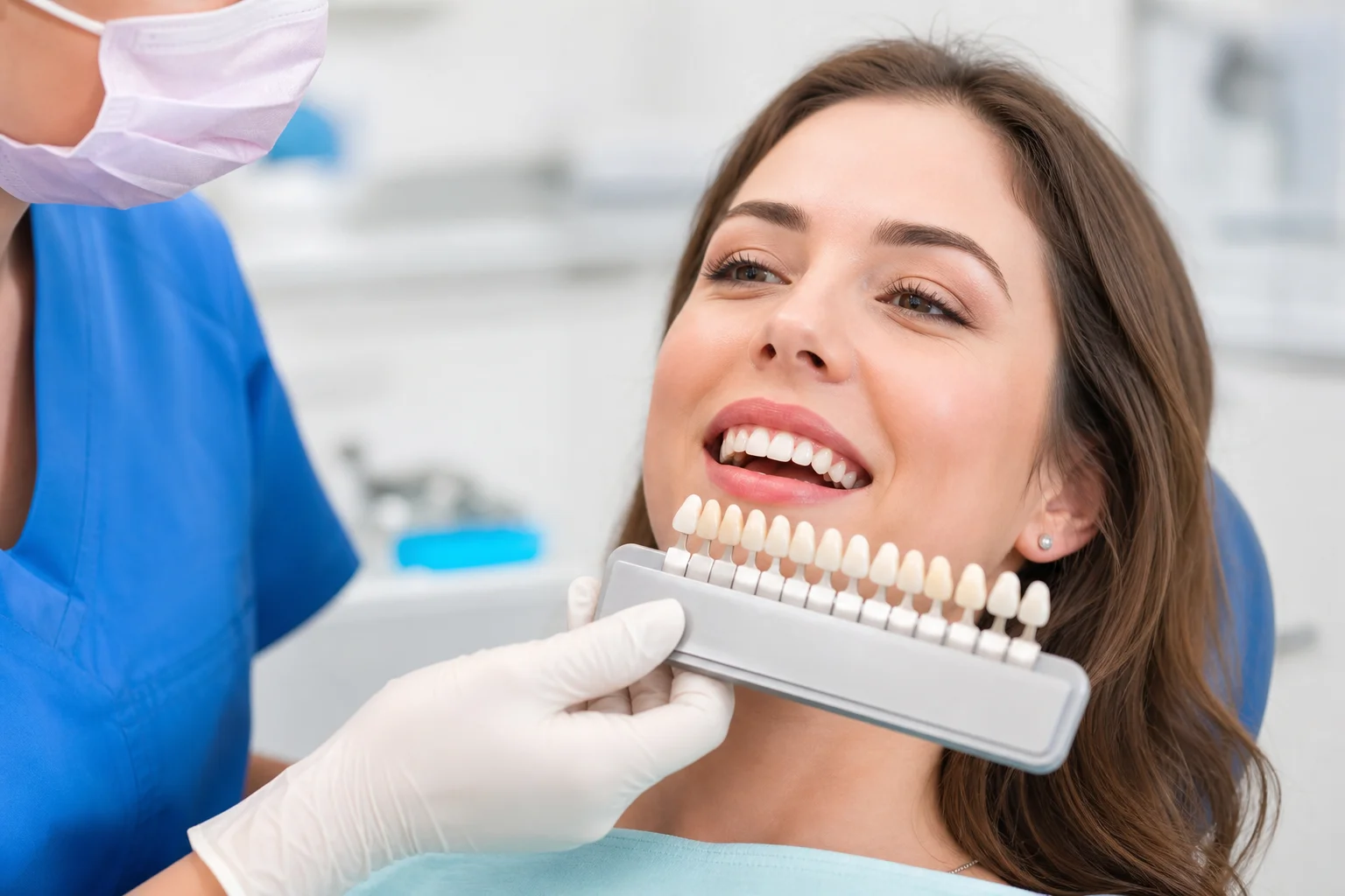 A dental professional showing a patient porcelain veneer shade options in a bright modern Scottsdale dental office, warm clinical lighting, photorealistic