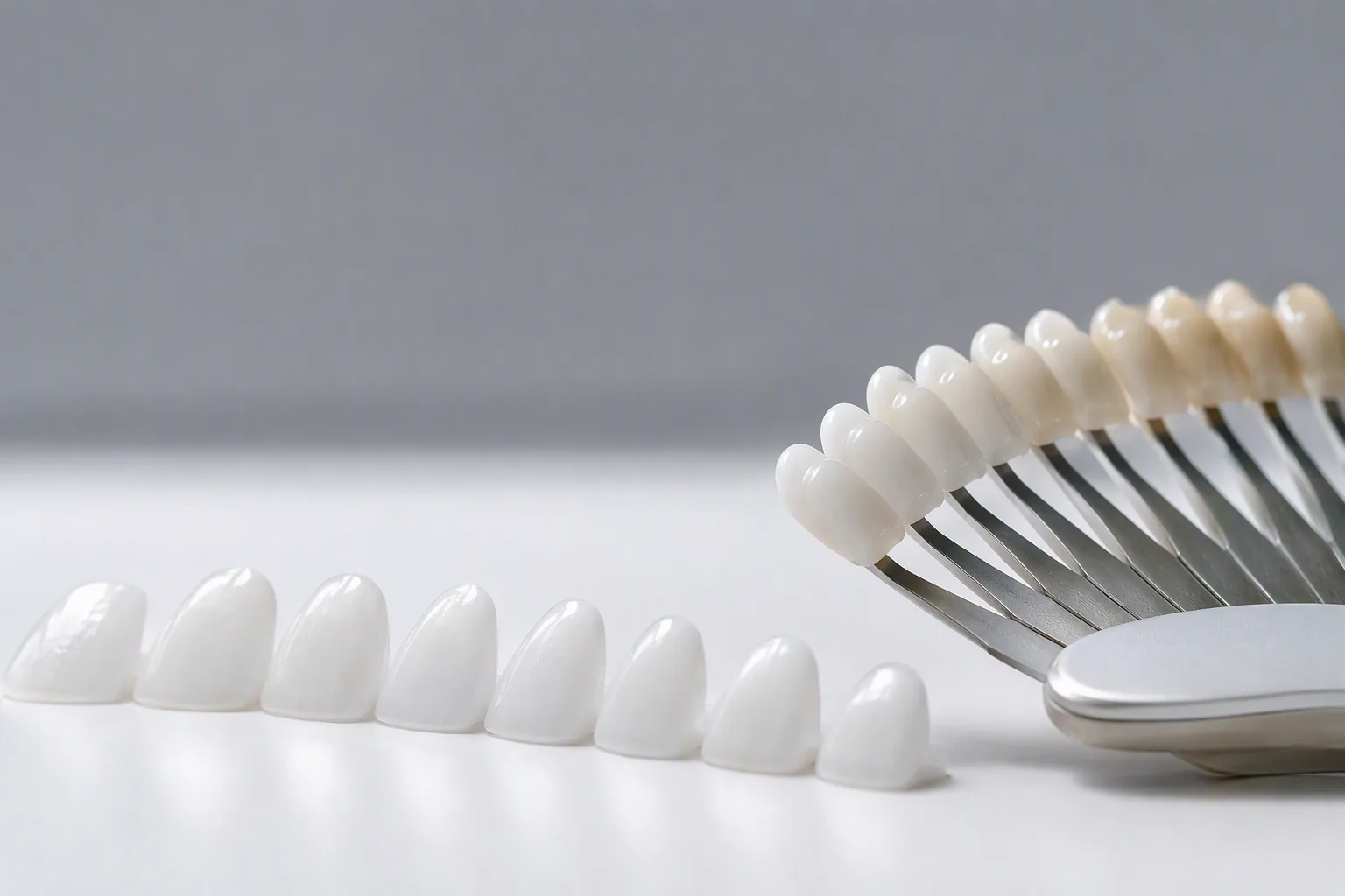 A dental professional showing a patient porcelain veneer shade options in a bright modern Scottsdale dental office, warm clinical lighting, photorealistic