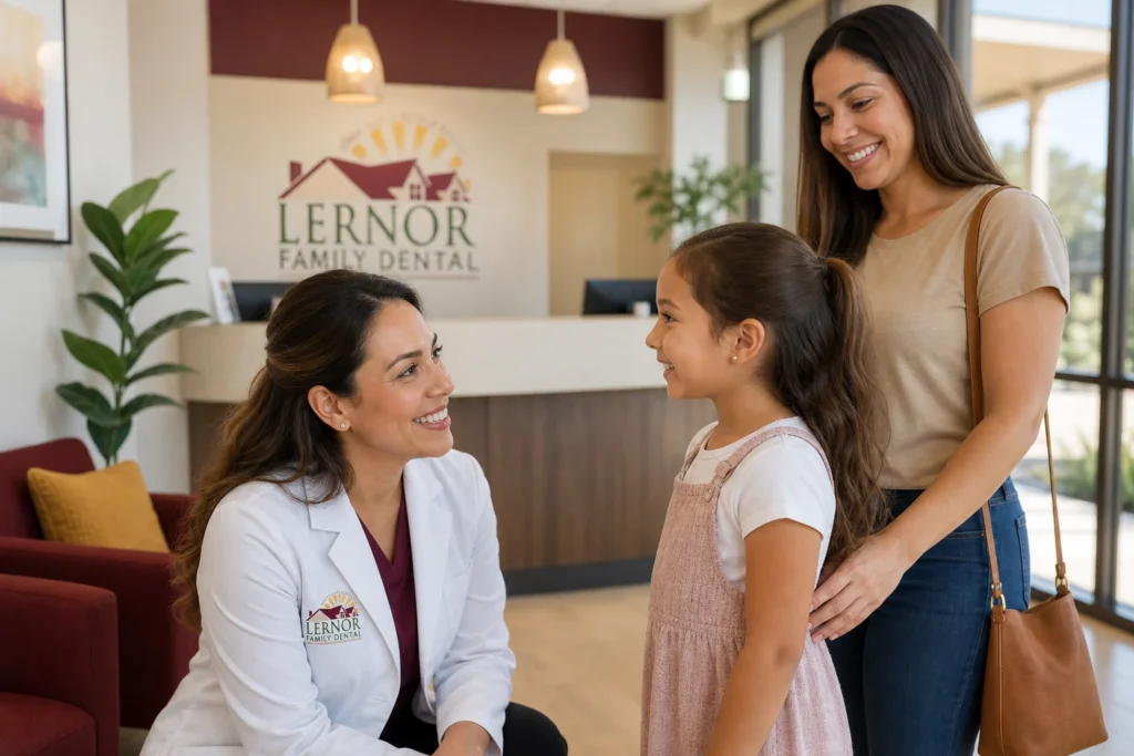 Pediatric dentist kneeling to greet a smiling child patient at Lernor Family Dental in Scottsdale, a welcoming pediatric dentistry in Scottsdale practice