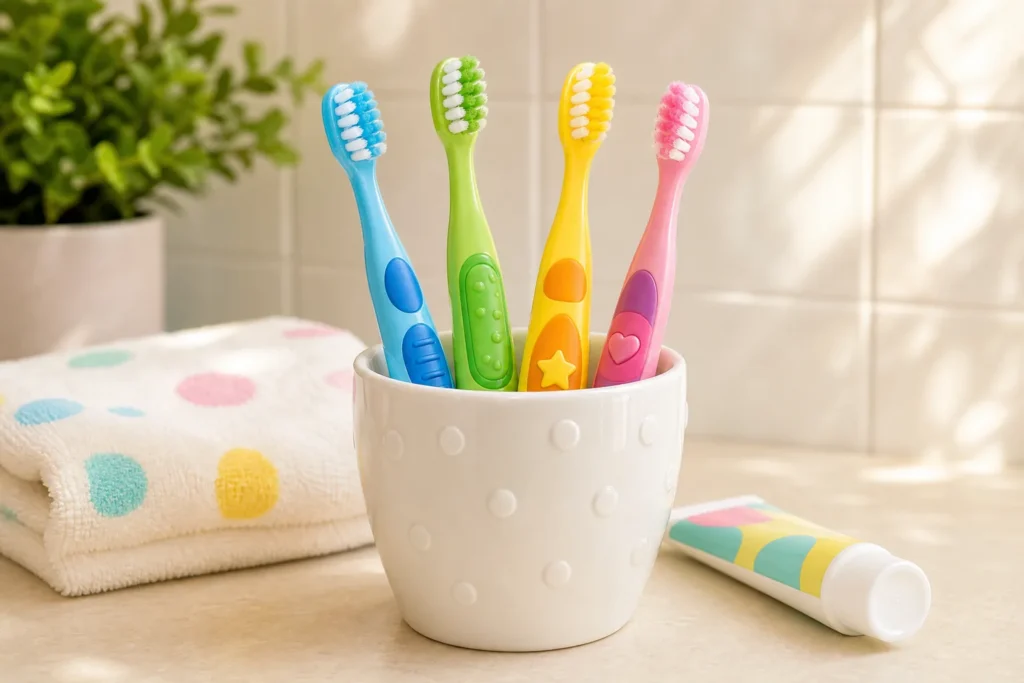 Colorful children's toothbrushes standing in a ceramic cup on a bathroom counter