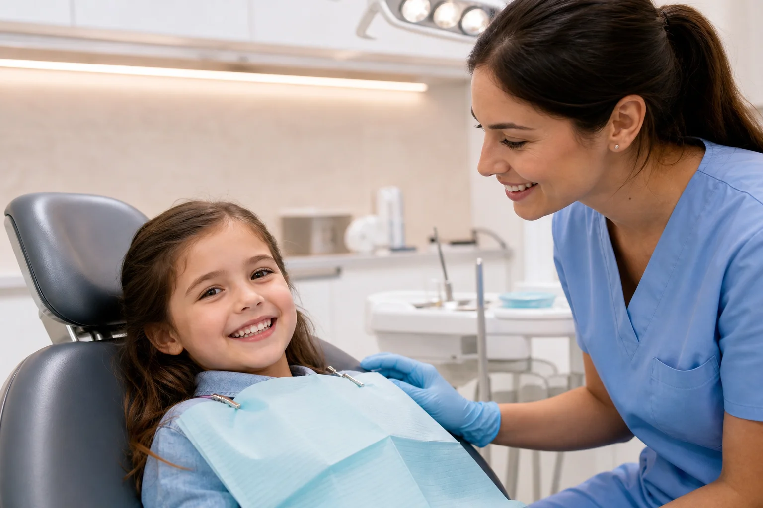 A young child with a big smile sitting comfortably in a dental exam chair, a friendly dental hygienist in a light blue uniform beside them in a bright modern Scottsdale dental office with warm natural light