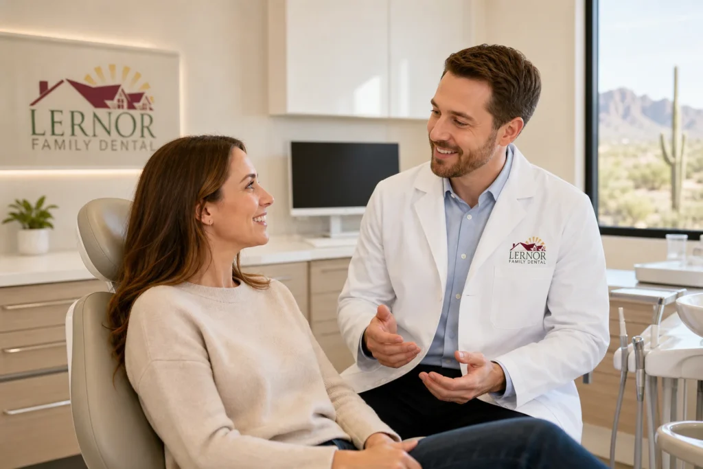 Dental provider and patient reviewing dentures and partials options together in a modern Scottsdale dental office