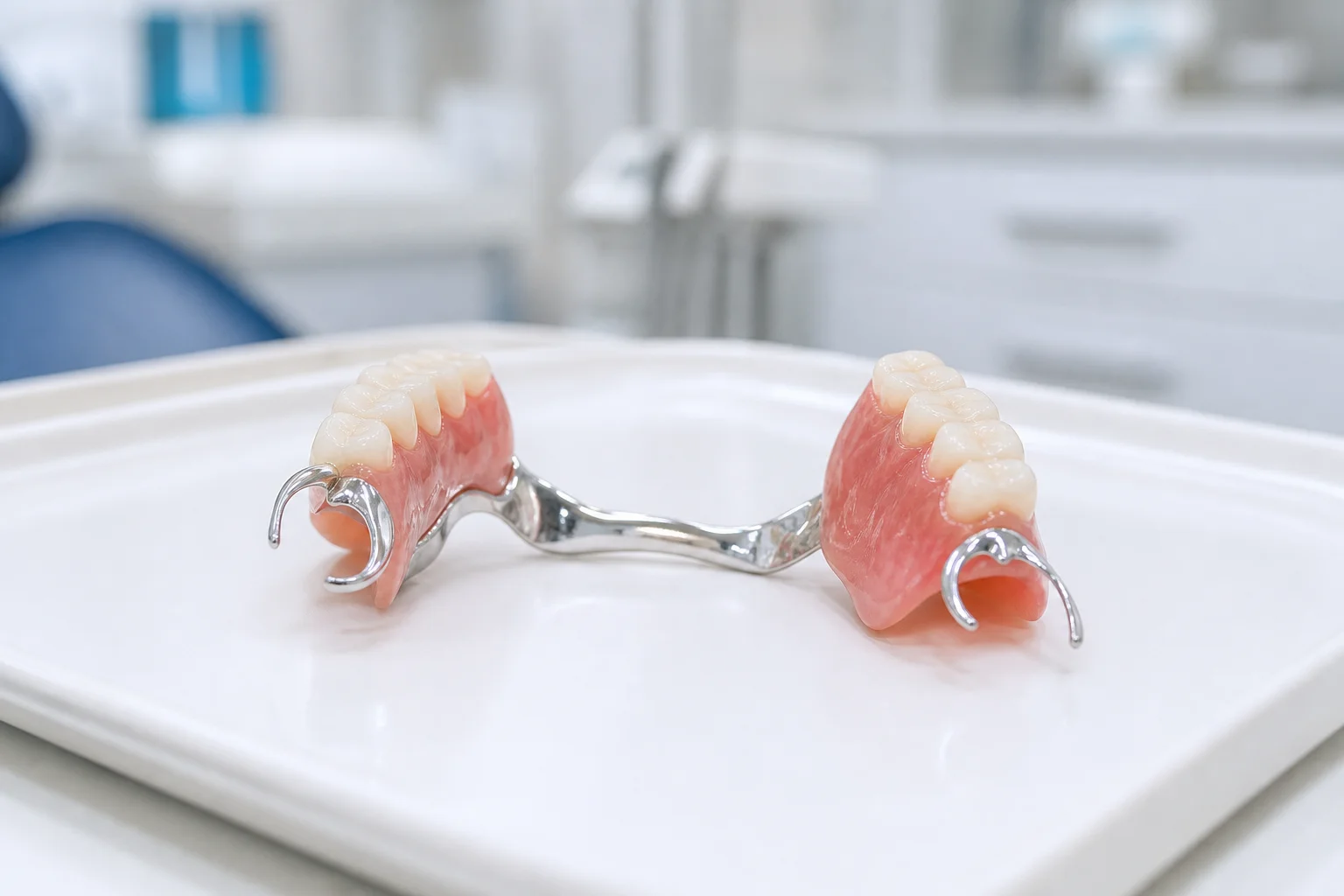 A dental provider presenting a partial denture model to a smiling patient in a bright, modern Scottsdale dental office with warm lighting and clinical equipment visible