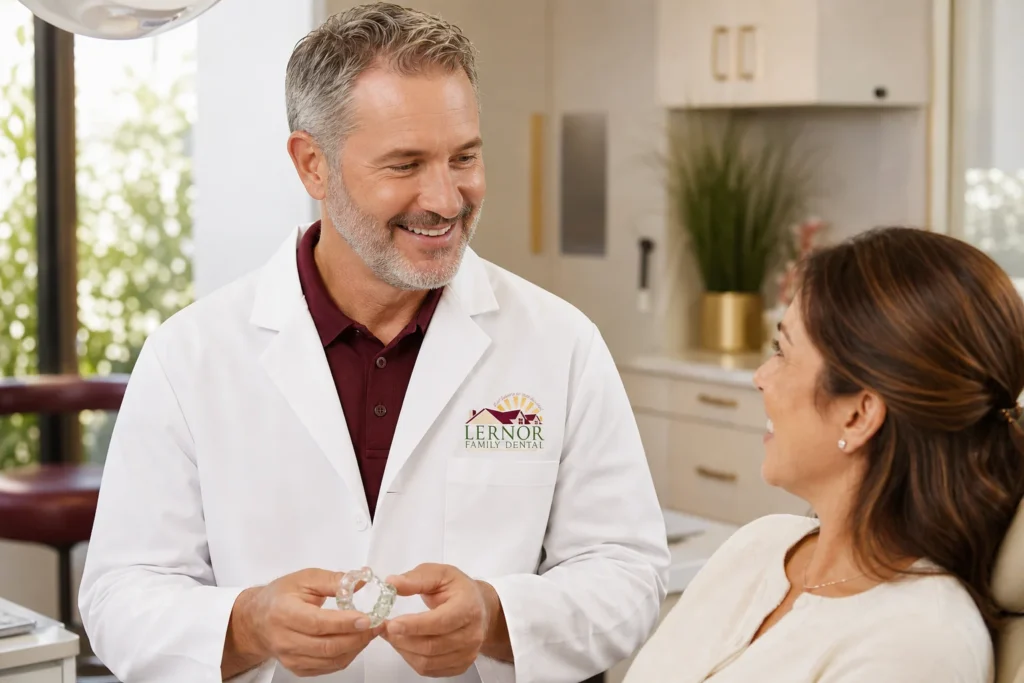 Scottsdale dentist showing a patient a custom oral appliance for sleep apnea treatment at Lernor Family Dental