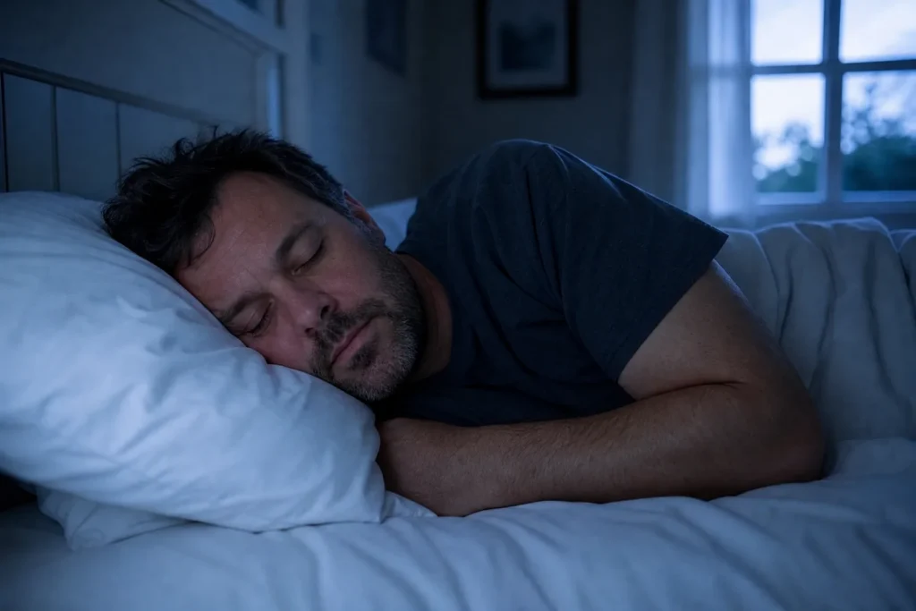 Man sleeping peacefully in bed at night