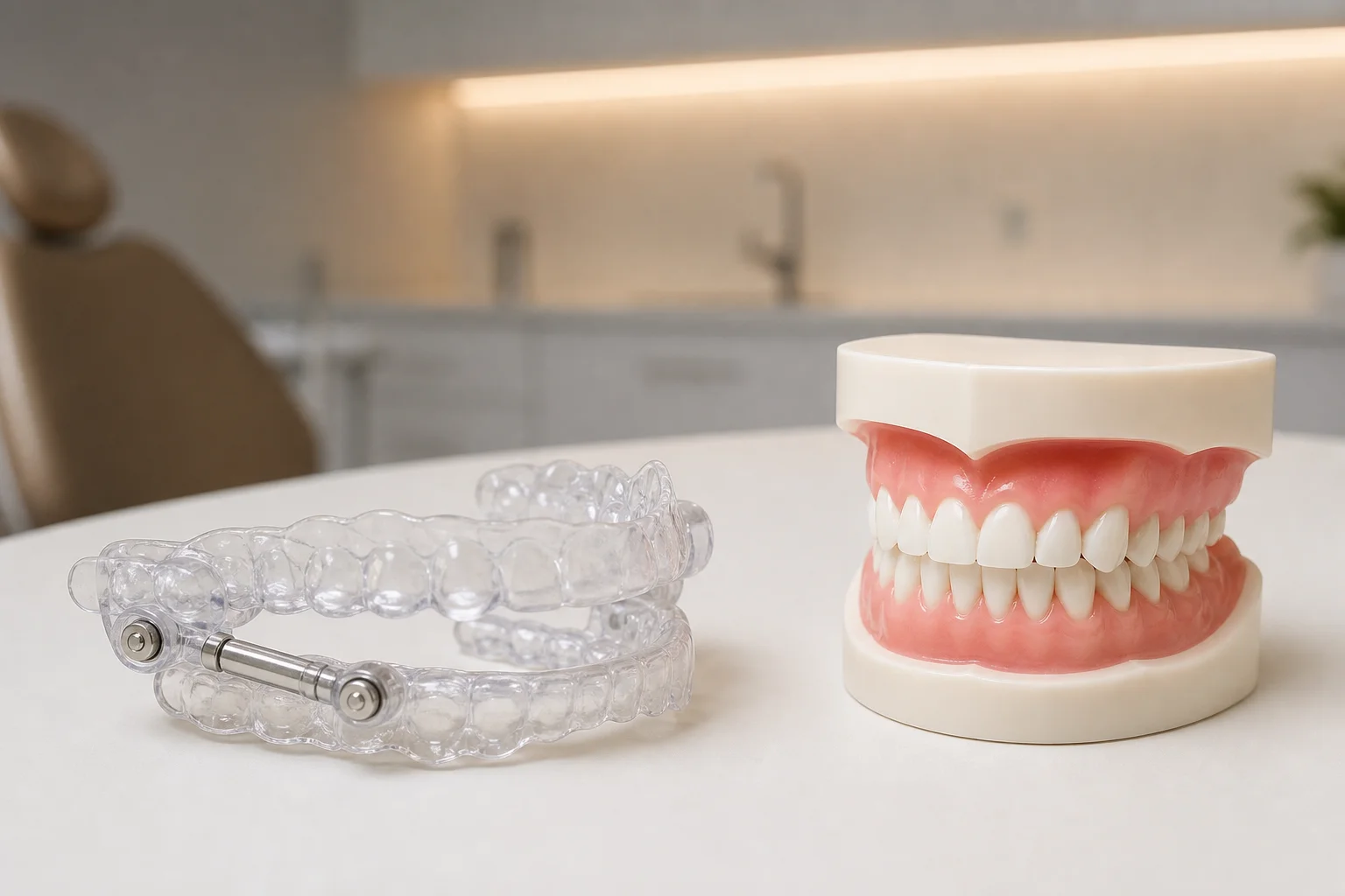 A custom-fitted oral sleep appliance resting on a white surface beside a dental model in a bright modern Scottsdale dental office