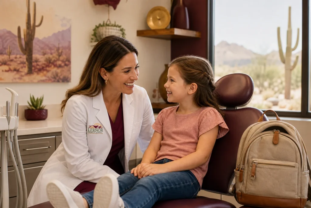Smiling Scottsdale family dentist and child during a back-to-school dental checkup in Scottsdale exam room