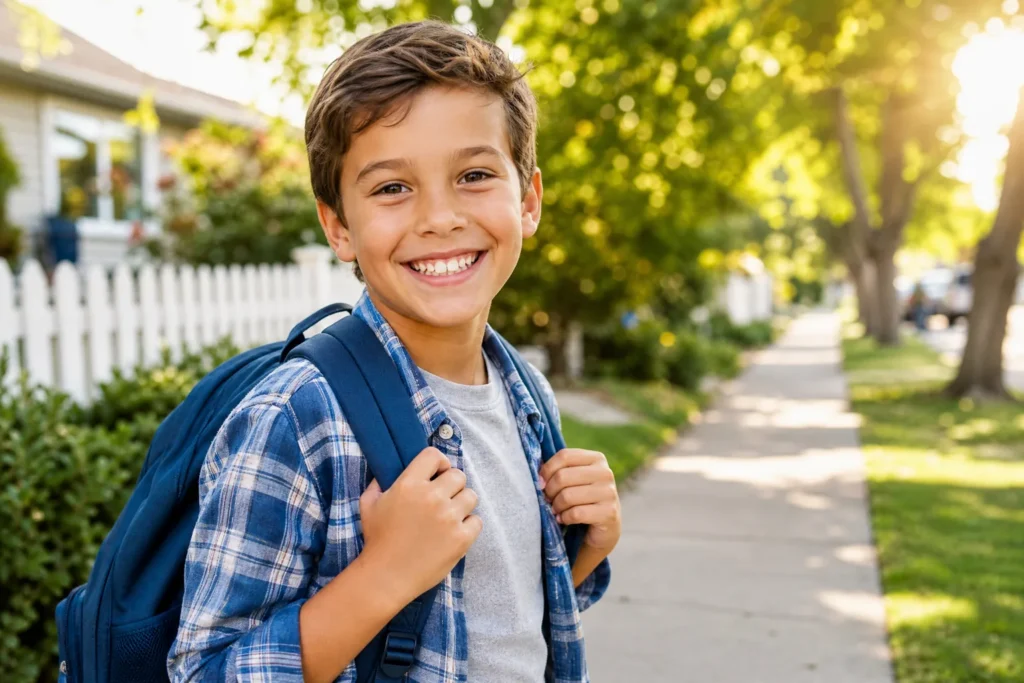 Smiling schoolchild with a backpack outdoors before school