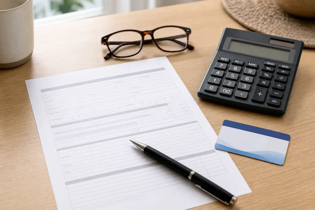 Dental insurance paperwork, calculator and reading glasses on a kitchen table