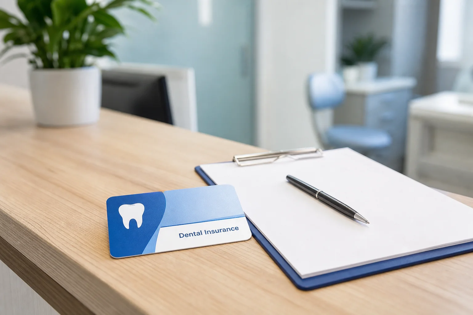 Front desk team member reviewing a dental insurance card and claim form with a patient