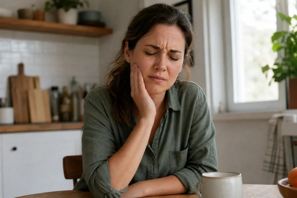 Woman pressing her hand to her jaw in pain