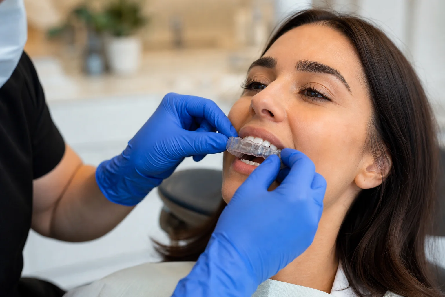 TMJ treatment in Scottsdale, dentist fitting a custom bite splint to relieve jaw pain
