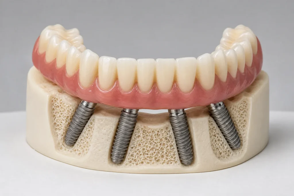 All-on-4 full arch implant model showing four implants supporting a fixed bridge