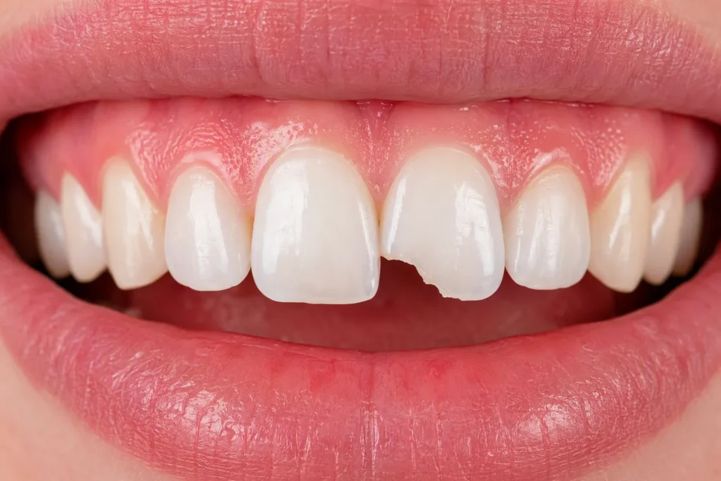 Macro close-up of a chipped upper front tooth