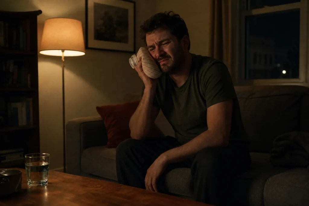 Man holding an ice pack to his cheek in pain late at night