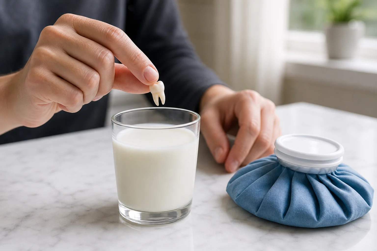 Close-up of hands holding a knocked-out tooth by the crown next to a glass of milk and an ice pack