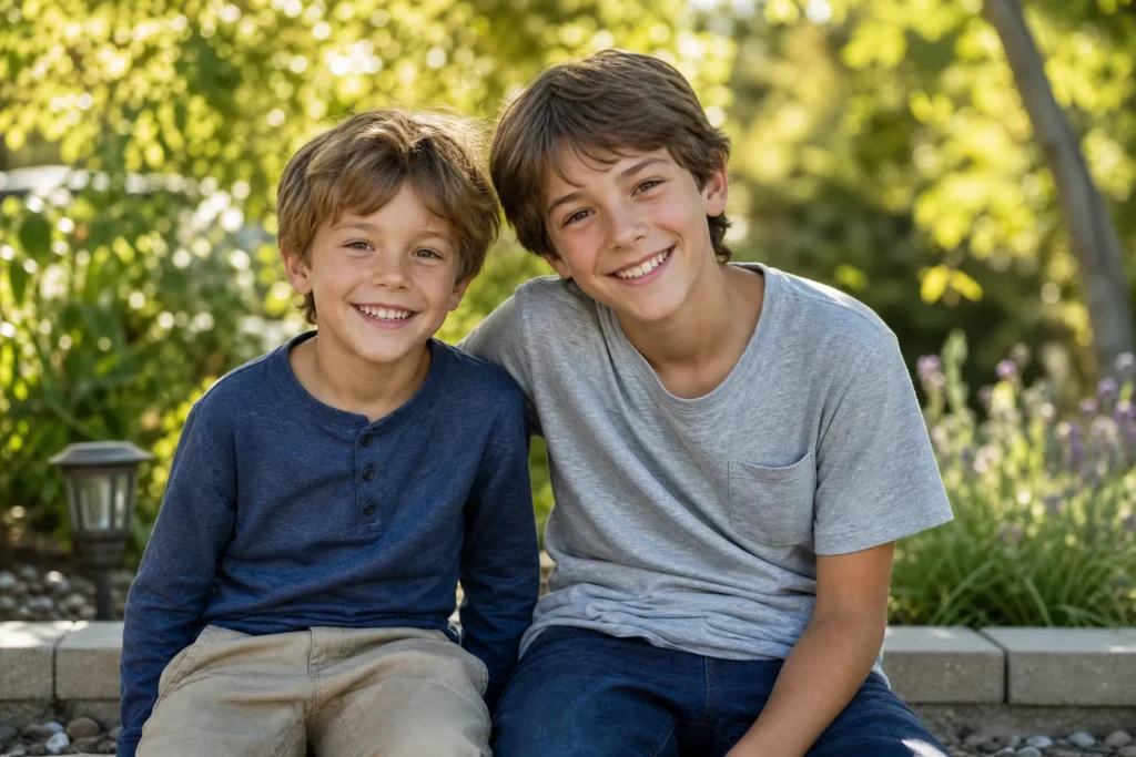 Two smiling children of different ages sitting together outdoors
