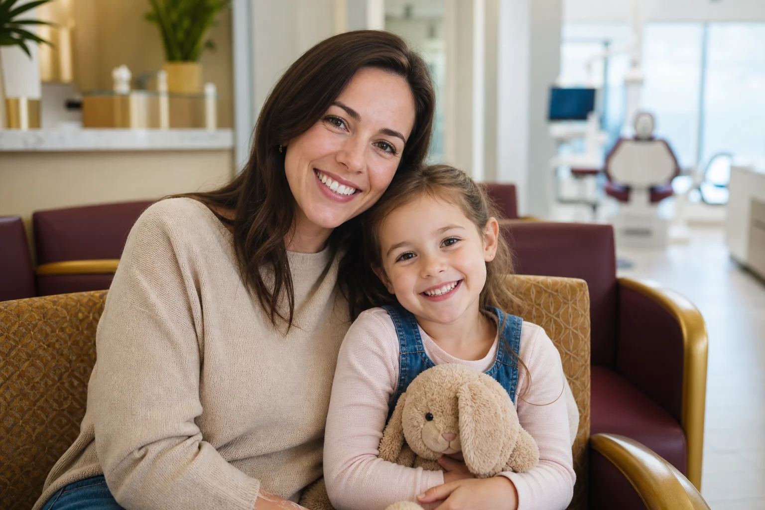 Parent and young child smiling together during a friendly pediatric dental checkup in a bright Scottsdale office