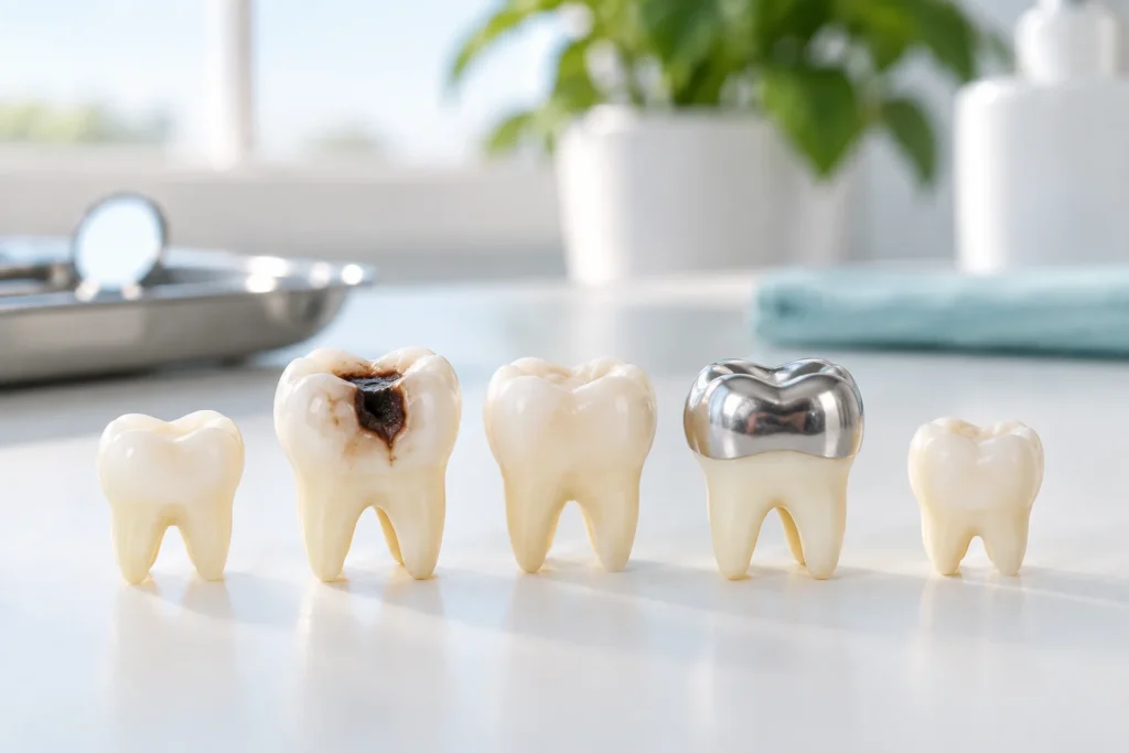 Dental models comparing a decayed baby tooth to one fitted with a crown, showing treatment options when your child has a big cavity
