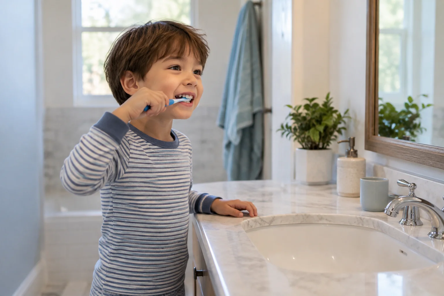 Young child alone brushing their teeth at a bathroom sink to help prevent tooth decay