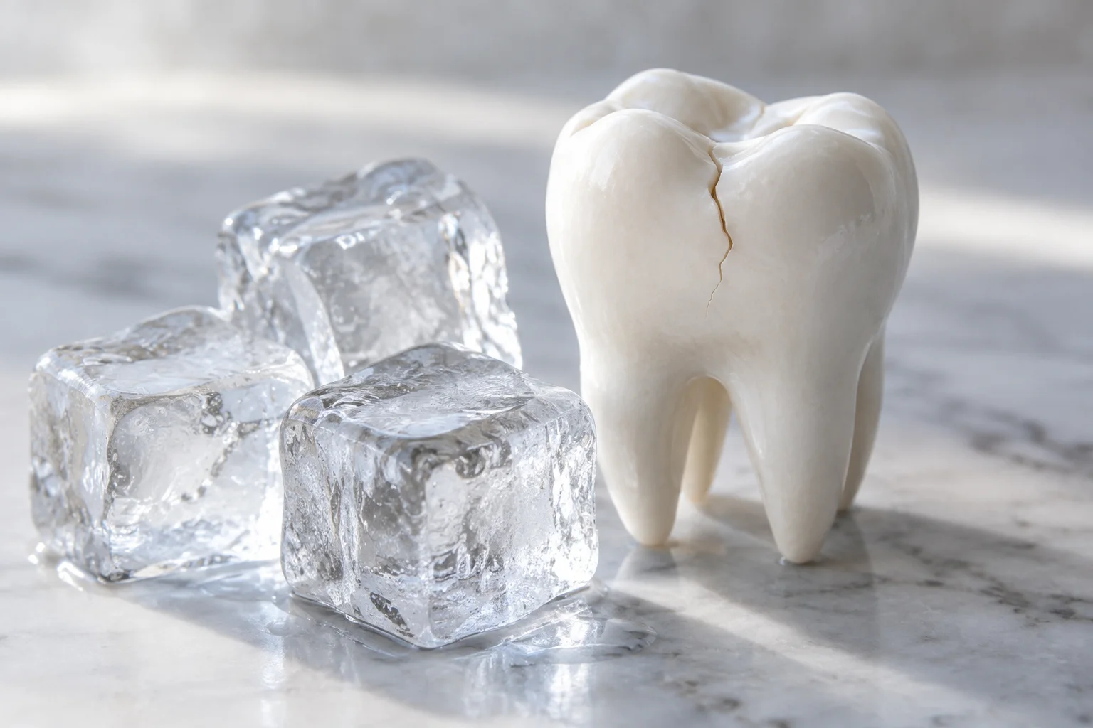Ice cubes next to a molar model showing a hairline crack on a neutral surface