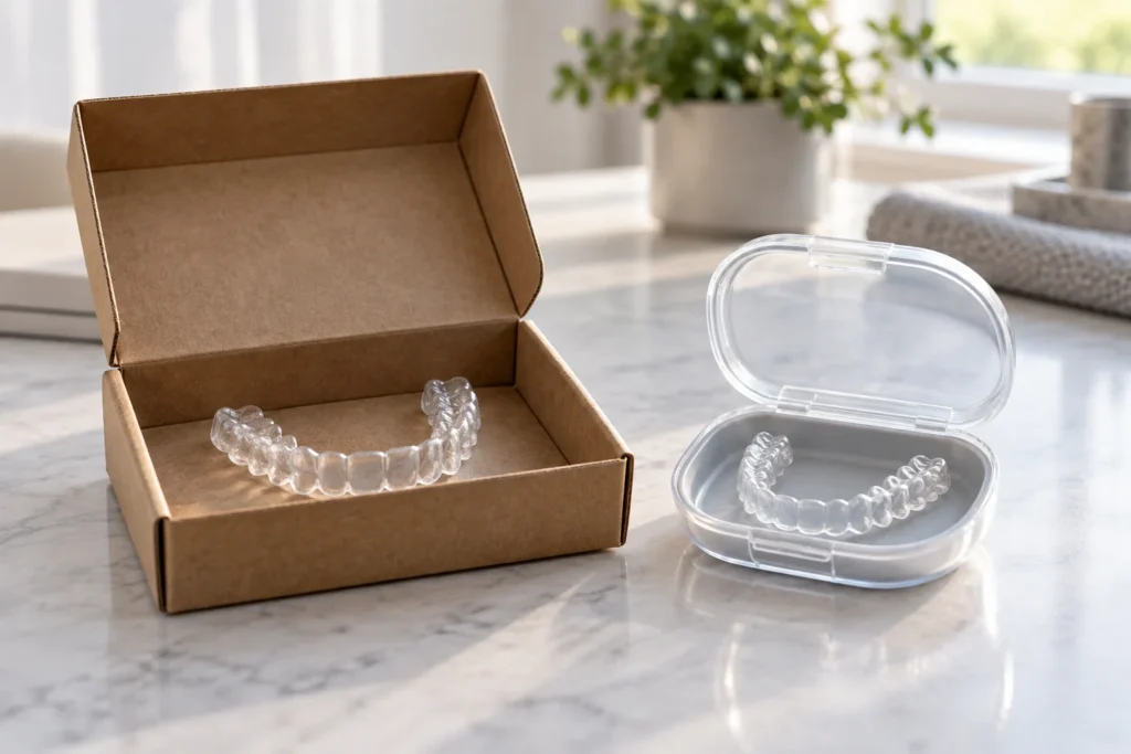 Two clear aligner trays compared side by side, one in a shipping box and one in a dental case