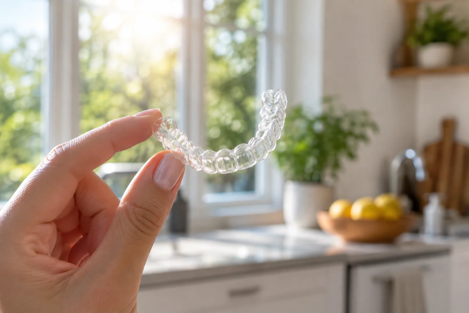Close-up of a single clear aligner tray held up to natural light on a home countertop