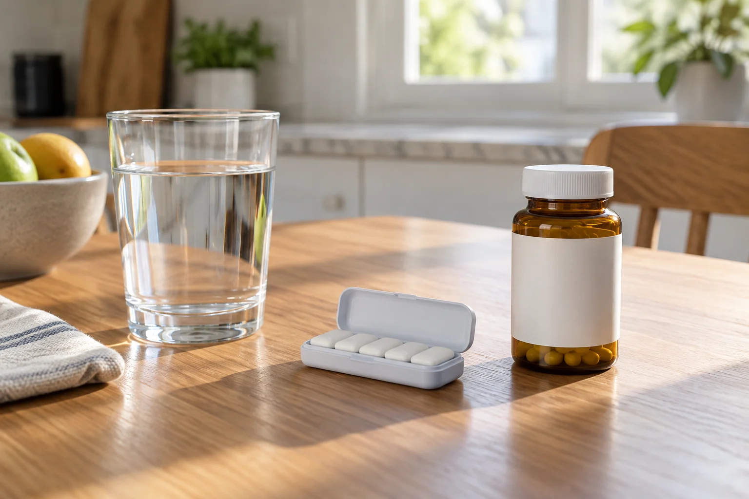 Glass of water, sugar-free gum, and an unlabeled pill bottle on a bright kitchen table