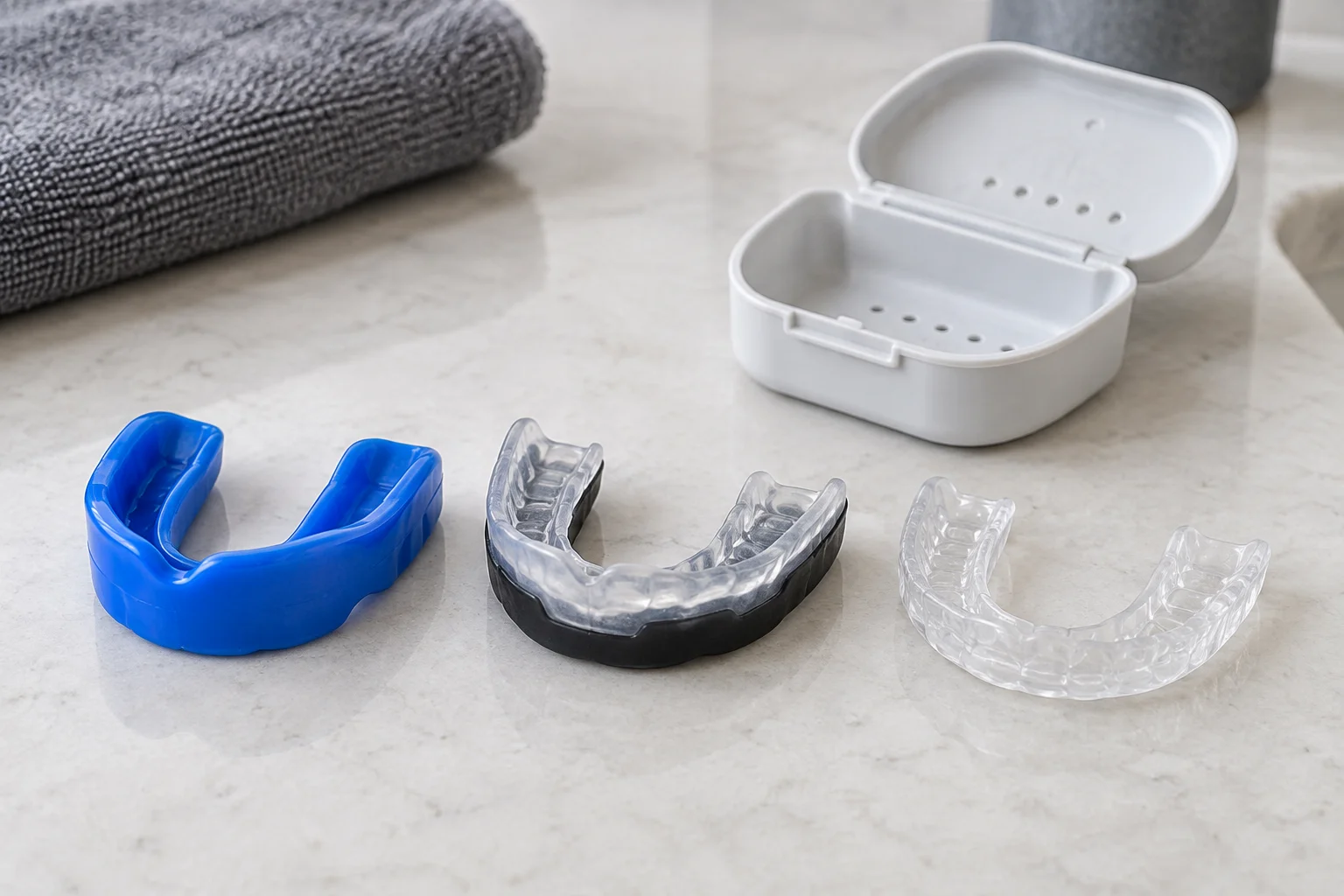 Stock, boil-and-bite and custom sports mouthguards arranged side by side on a clean neutral counter